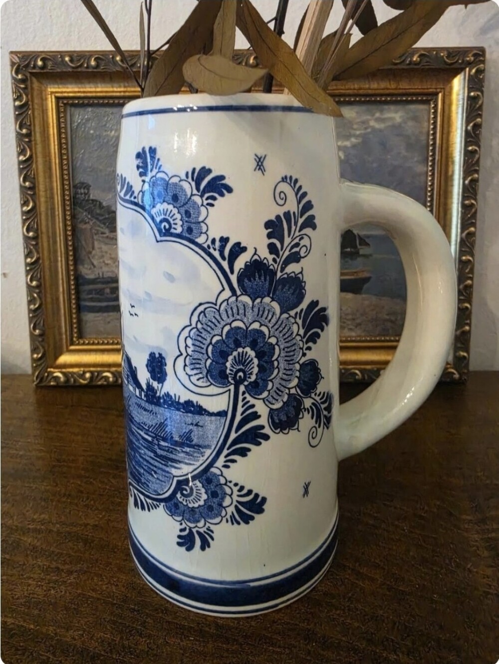 Vintage Ceramic Delft Blue Hand Painted Large Stein - Picture 2 of 5